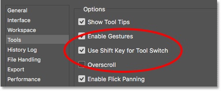 Use Shift Key for Tool Switch – بررسی تنظیمات Preferences در فتوشاپ