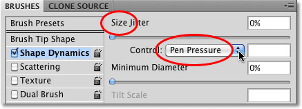 تنظیم گزینه ی Size بر روی Pen Pressure